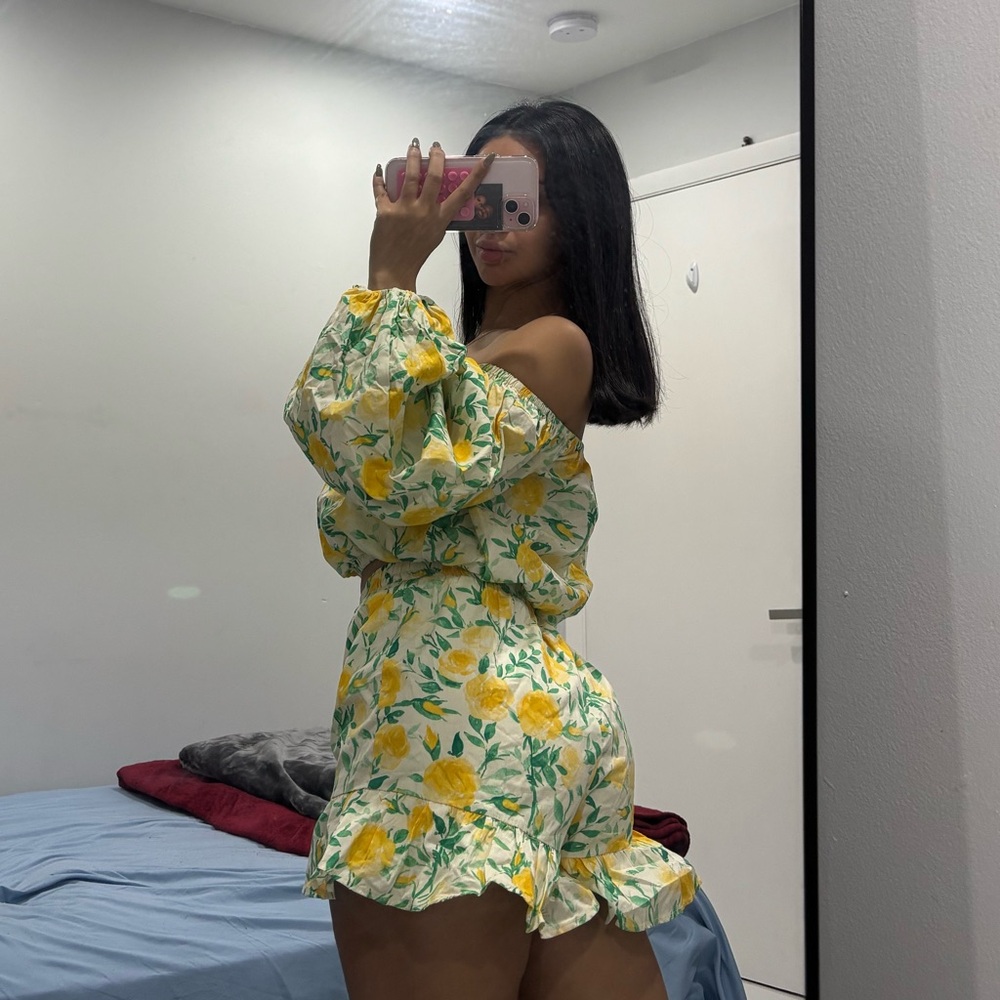 Yellow floral two piece shorts set